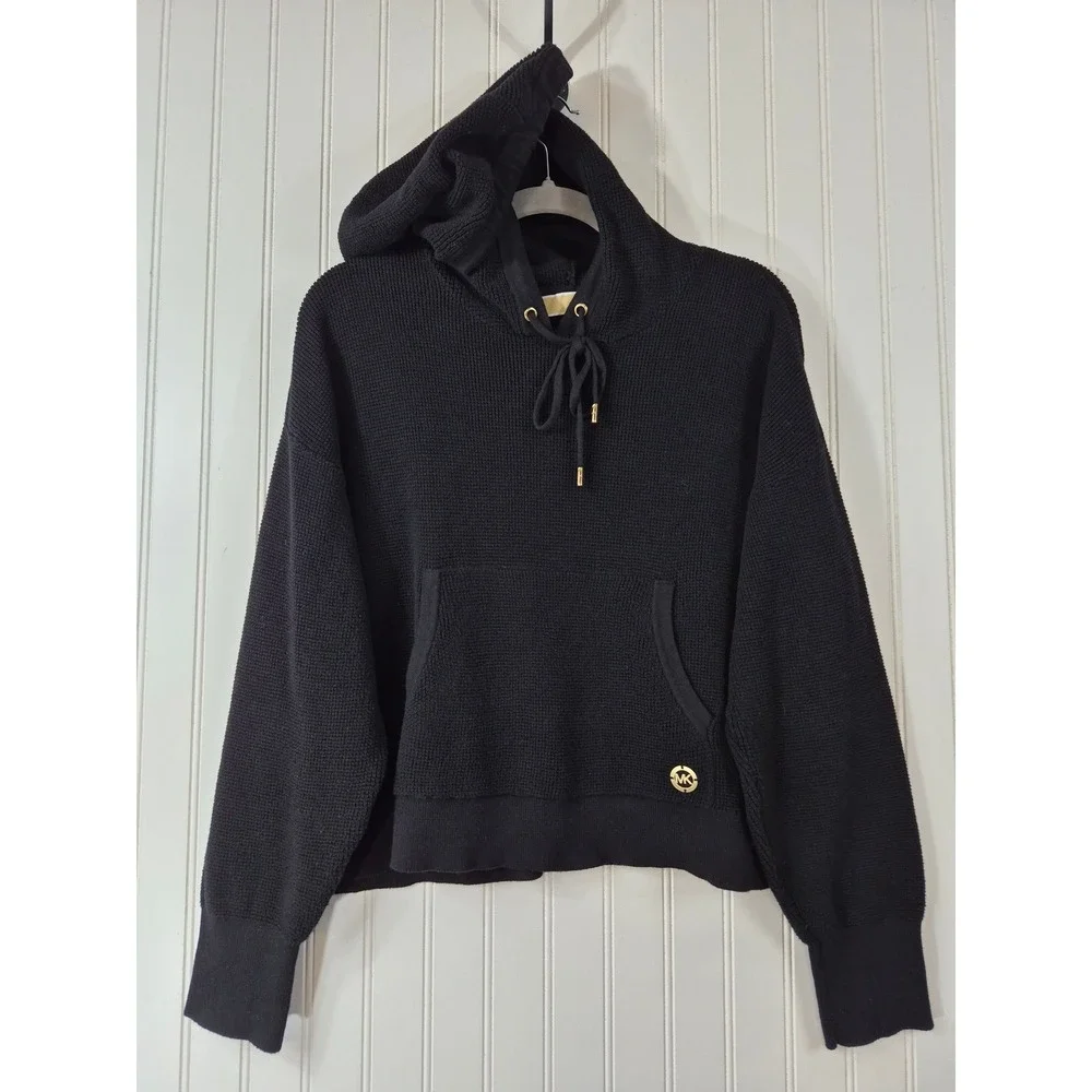 Michael Kors Black Waffle Knit Hoodie Gold Logo Pullover Cropped Sweater Medium